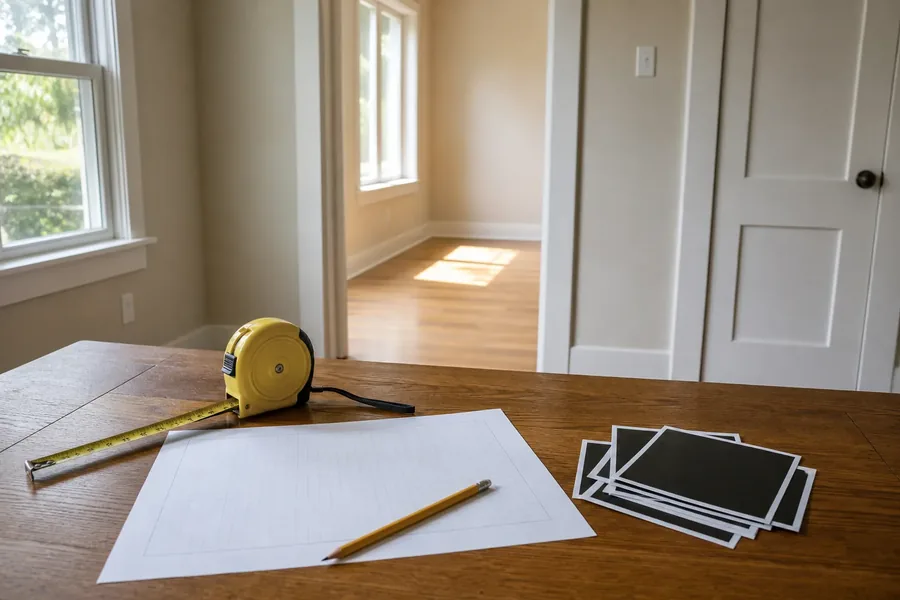 Concept image of documenting existing space for an ADU conversion Measuring tape and blank floor plan on a table in a residential interior