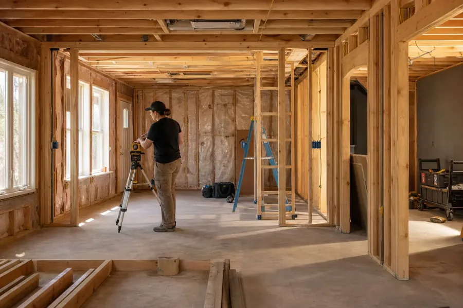 Source image for CDG Guide Puts Existing-Space Documents Before ADU Conversion Assumptions A person beside a tripod in an unfinished room with exposed timber framing