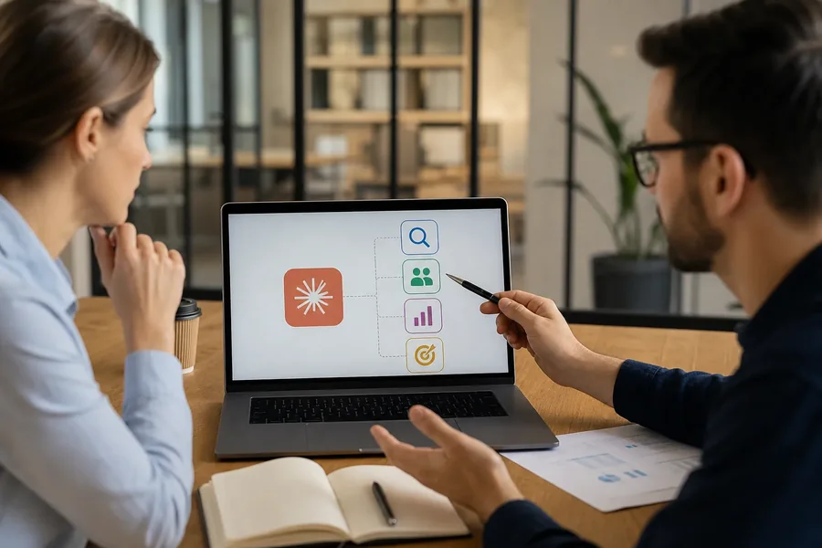 Two colleagues discuss a laptop displaying connected search, audience, analytics, and targeting icons.