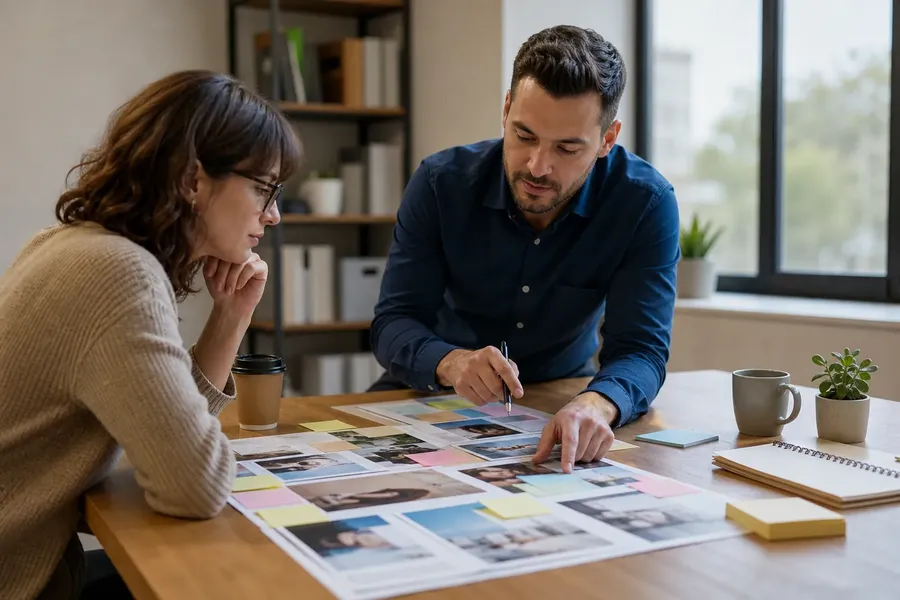 Two colleagues review printed page layouts and pastel sticky notes at a wooden office table with mugs and a notebook.