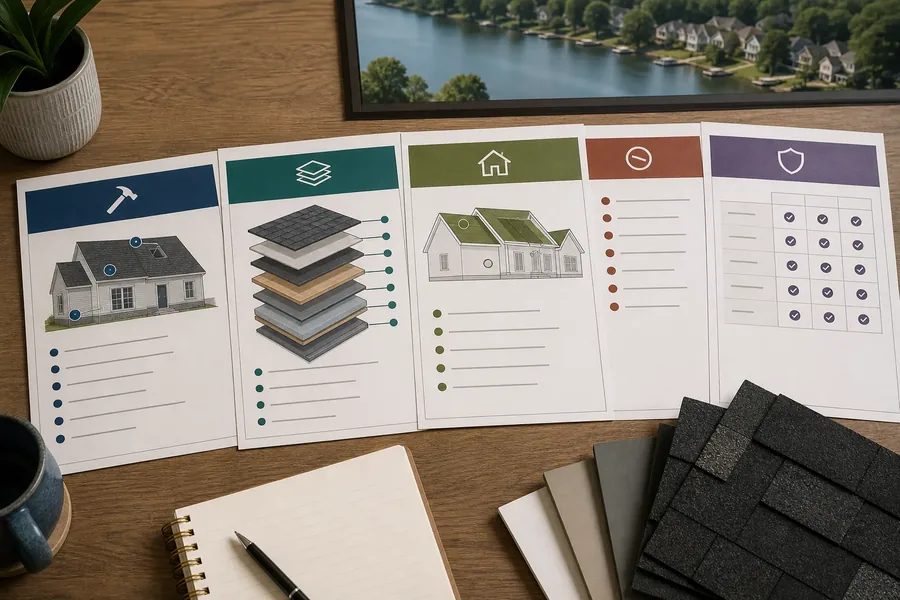Reviewing and Comparing Roofing Proposal Details Five illustrated roofing comparison sheets arranged on a desk beside shingle samples, a notebook, a pen, and a screen showing a lakeside neighborhood.