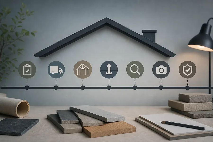 Visual Guide to Comparing Roofing Proposal Details Stylized roof outline above a project timeline with inspection, delivery, construction, search, photo, and approval icons, with building samples and paperwork on a desk