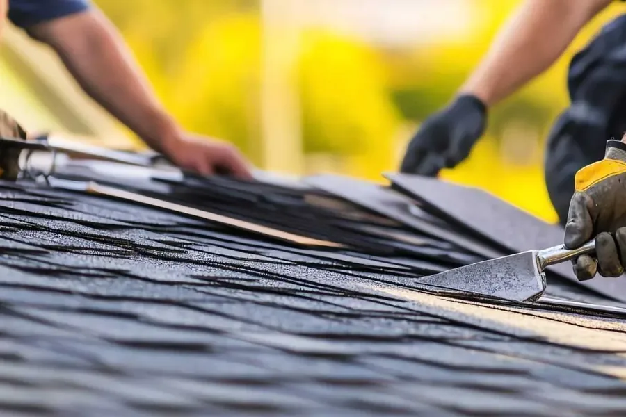 Roofers Installing Dark Shingles Close-up of gloved roofers installing dark shingles with hand tools on a sloped roof.