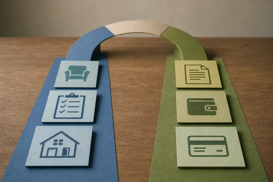 Treatment Planning and Payment Verification Paths Paper illustration of two parallel paths joined by an arch, with chair, checklist, and house icons on the blue path and document, wallet, and payment card icons on the green path.