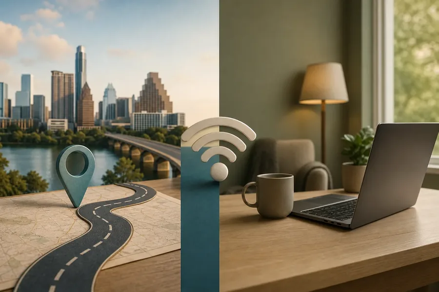 Travel and Internet Access Considerations for Treatment Split illustration showing a map with a winding road and location pin beside a city skyline, and a home workspace with a laptop beneath a Wi-Fi symbol.