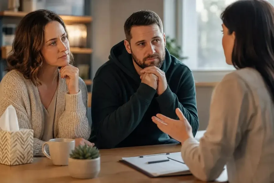 Discussing Opioid Treatment Costs and Coverage Two adults listen to an adviser during a seated discussion at a table with a clipboard, mug, tissue box, and small plant.
