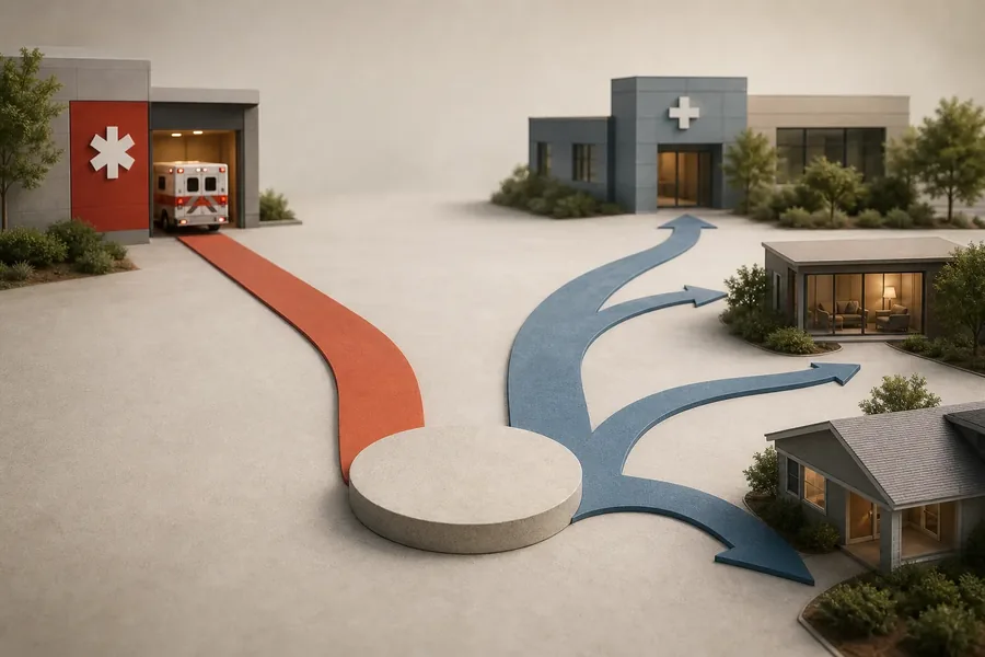 Paths to Emergency Overdose Response and Ongoing Care Conceptual illustration of a central circular platform with a red path leading to an ambulance bay and four blue arrows branching toward a medical building, two residential-style buildings, and another care setting.