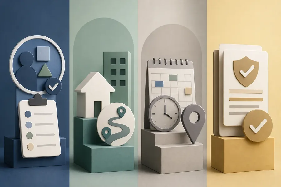 Compare Clinical Fit, Practical Access, Scheduling, and Coverage Four-panel 3D illustration showing a profile and checklist, buildings with a route marker, a calendar with a clock and location pin, and documents with shield checkmarks.