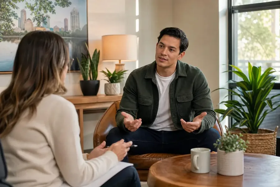 Two adults seated across from each other in a counseling-style conversation in a bright office with plants and a coffee table