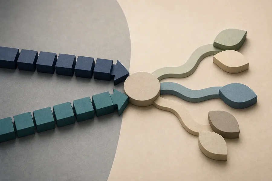 Converging Inputs and Branching Choices Two rows of dark blue and teal blocks end in arrows pointing toward a central beige disk, with curved paths extending right toward leaf-shaped pieces.