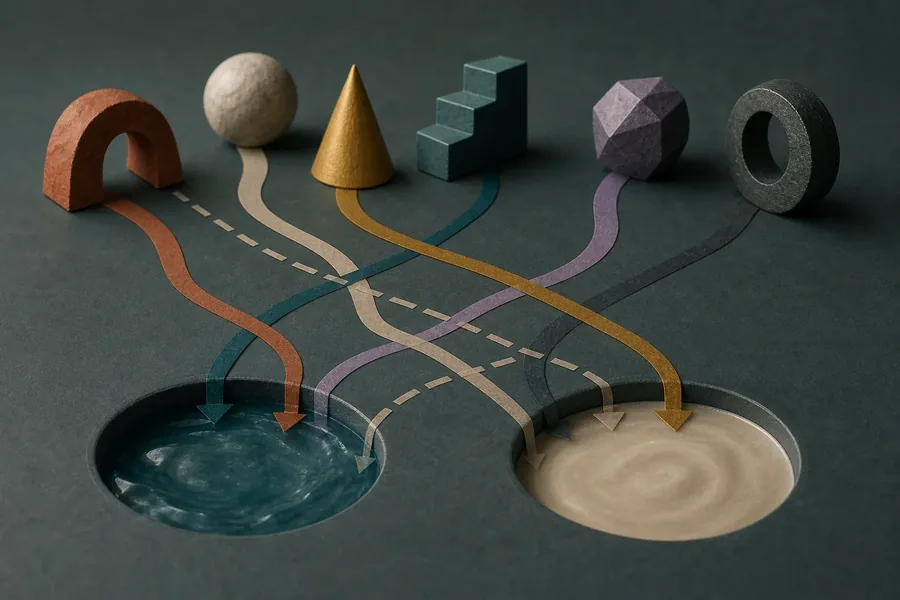 Financial Choices and Competing Resource Flows Six geometric objects, an orange arch, beige sphere, gold cone, teal steps, purple polyhedron and dark ring, connect via crossing colored arrow paths to two circular pools, one teal and one beige.