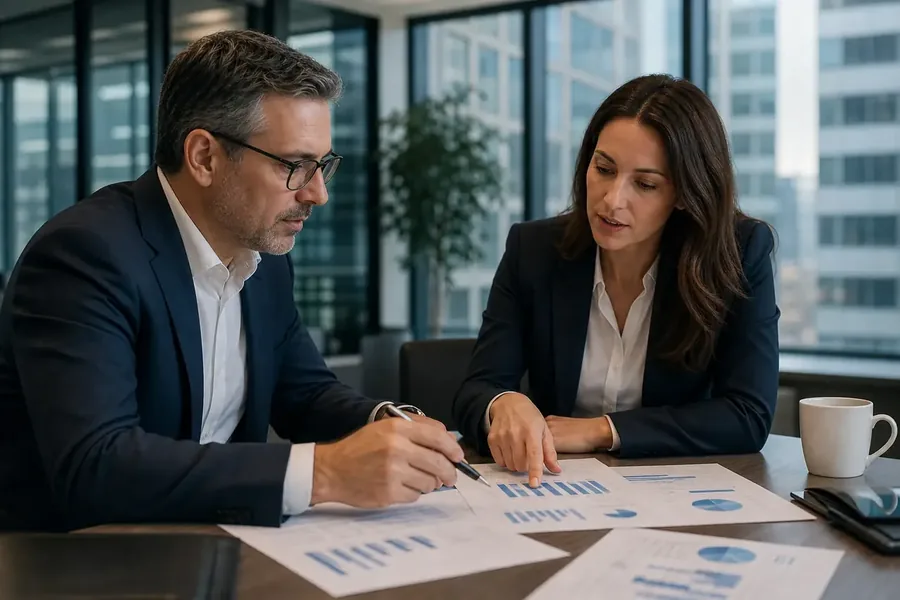 Two people in business attire review printed blue bar and pie charts at an office table, with one holding a pen and the other pointing to a chart. A white mug and tablet sit nearby.
