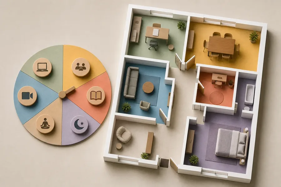 Household routines alongside a room-by-room floor plan Stylized overhead model of a multicolored home floor plan beside a segmented routine wheel with icons for work, people, reading, sleep, meditation, and video.