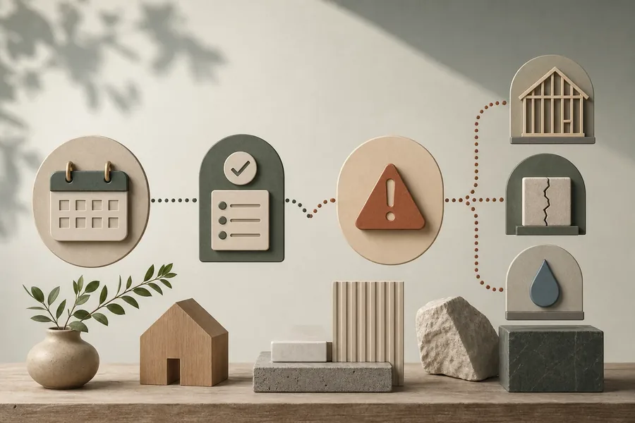 Renovation updates and household concern reporting Stylized illustration of a calendar and checklist connected to a warning symbol and icons for construction framing, a wall crack, and water, with a model house and building materials below