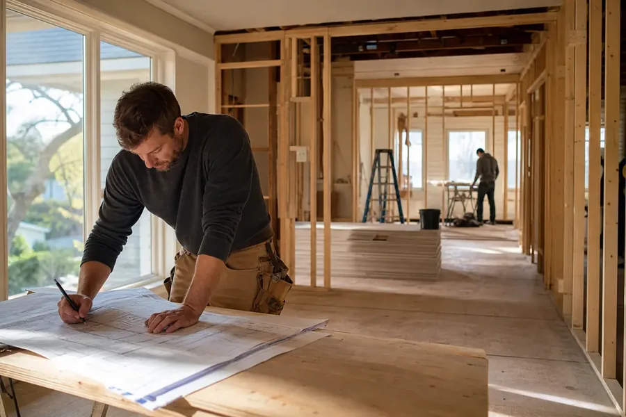 A person marks large building plans on a worktable inside a house with exposed wood framing, while another person works in the background.