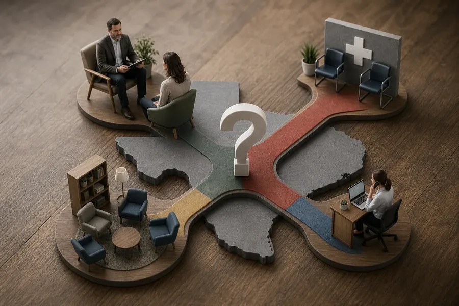 Photorealistic miniature-style scene of four colored paths branching around a question mark, connecting a counseling session, a medical waiting area, a group-therapy room, and a woman working at a desk, all arranged over a Texas-shaped base.