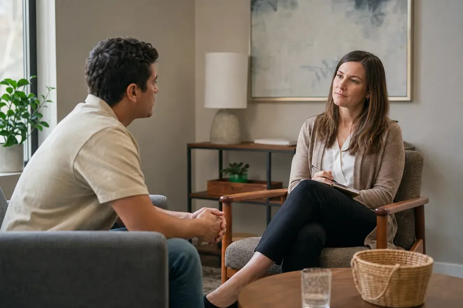 A man speaks with a woman holding a pen and notebook during a counseling session in a softly furnished office.