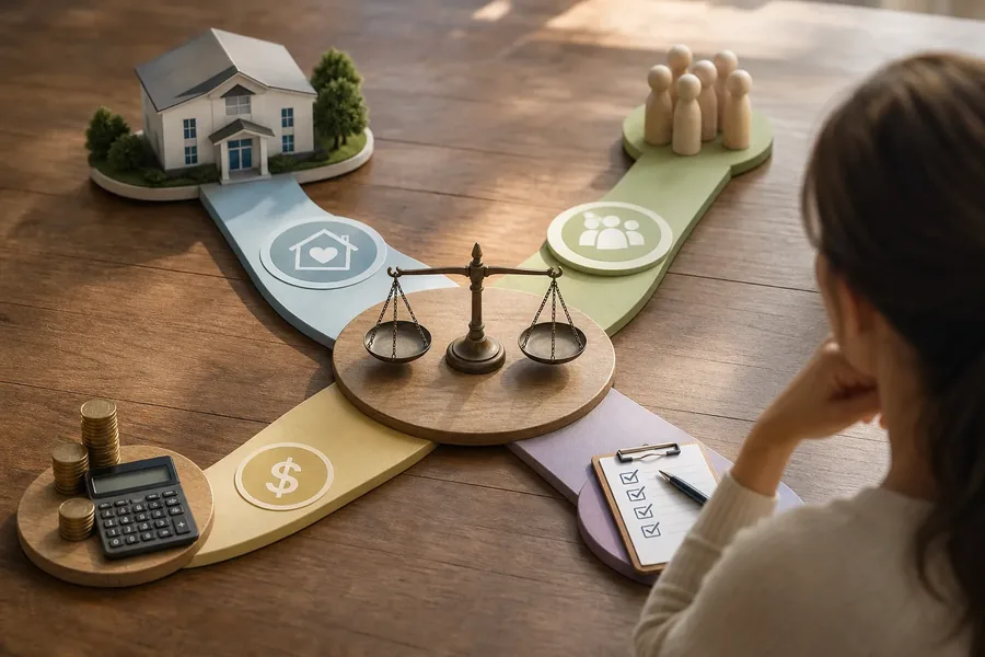 Balancing Four Rehab Insurance Planning Choices Editorial illustration of a person considering four branching options represented by a care facility model, a group of figures, a calculator with coins, and a checklist, with balance scales at the center.