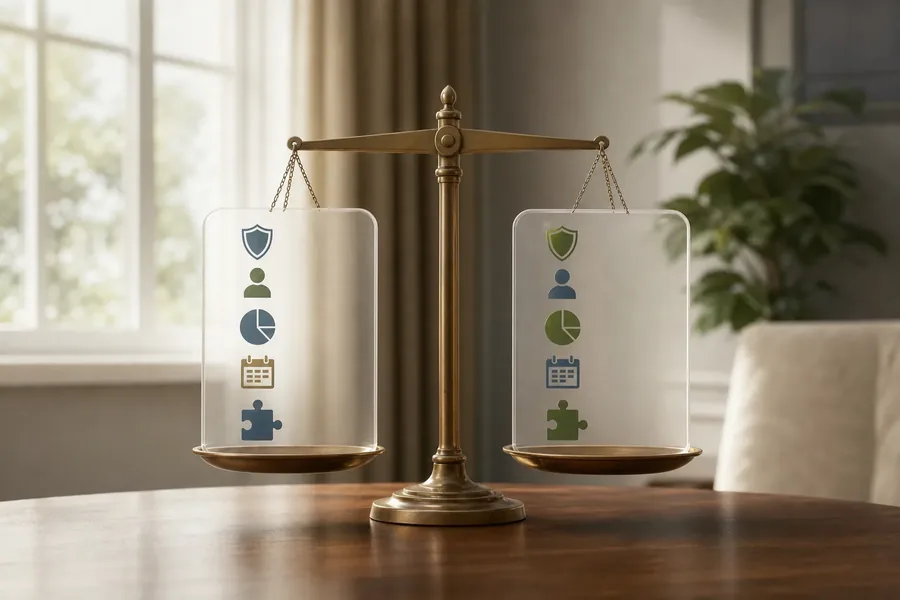 Balancing Rehab Insurance Planning Factors Photorealistic editorial illustration of a brass balance scale holding two translucent panels with shield, person, chart, calendar, and puzzle-piece icons, suggesting a comparison of insurance planning factors.