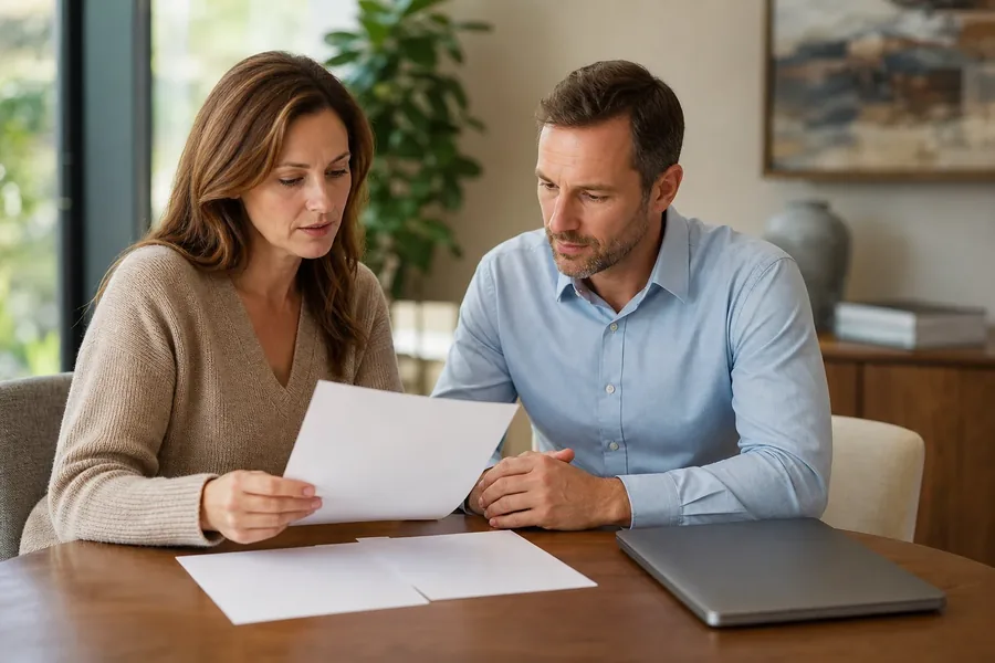 Photorealistic editorial illustration of two adults seated at a table reviewing paperwork beside a closed laptop in a home-like office.