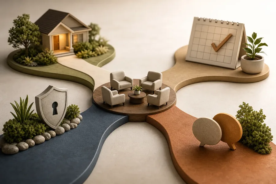 Conceptual miniature scene with four paths leading to a house, a checked calendar, a privacy shield, and conversation symbols, centered on four chairs arranged for a group discussion.