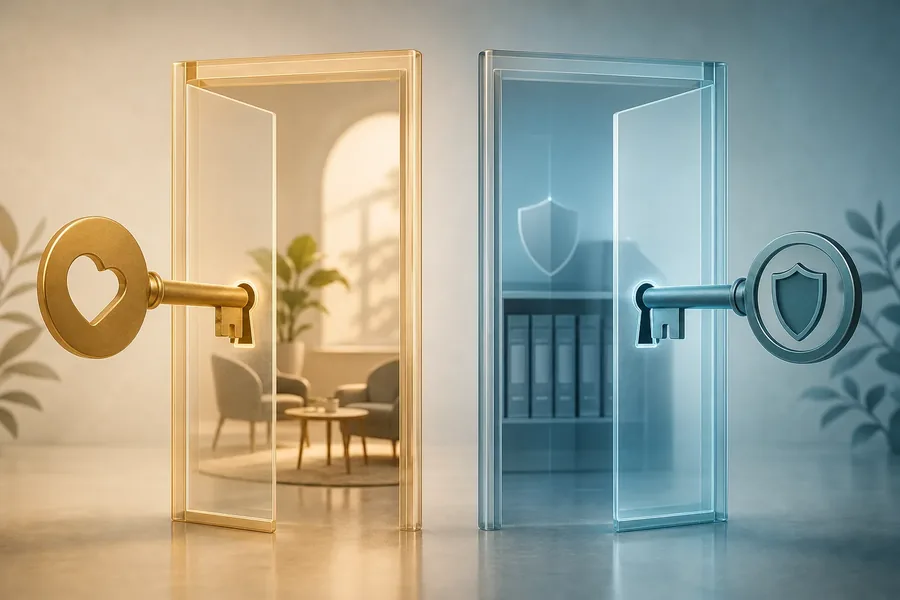 Two open glass doors with separate oversized keys, one gold with a heart symbol and one blue with a shield symbol.