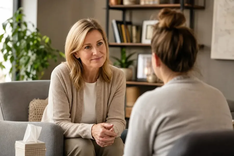 Two women sit facing each other in a comfortable indoor room, with one listening attentively and a tissue box nearby.
