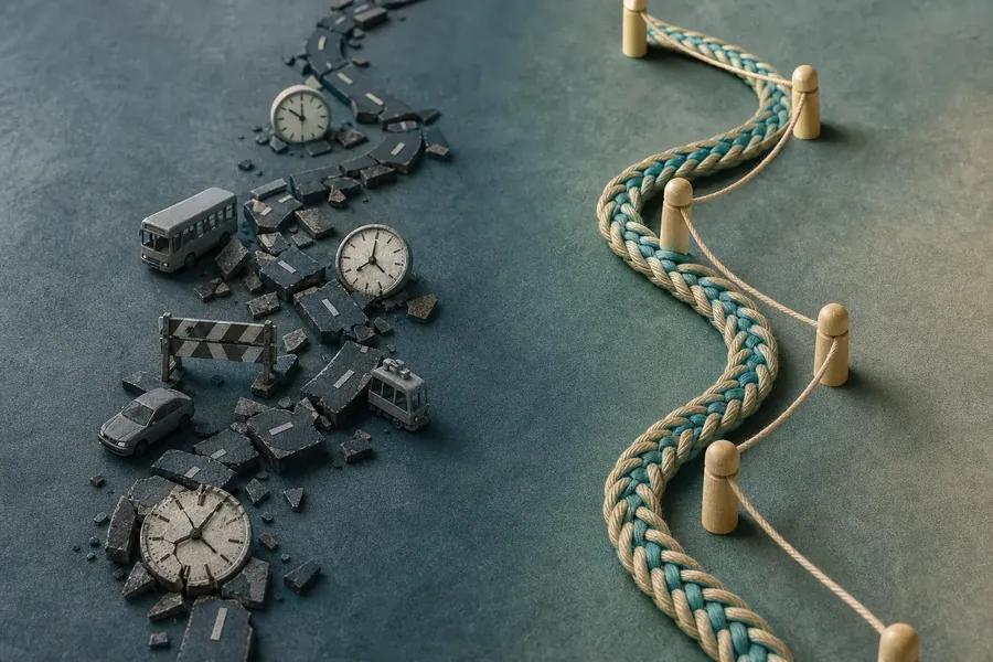 Obstacles and a Supported Path Forward Editorial illustration of a fractured roadway with miniature vehicles, clocks, rubble, and a barricade beside a clear winding path made from braided rope and wooden posts.