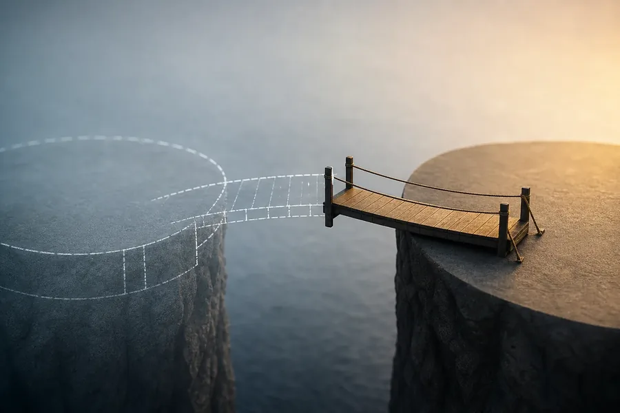 Planning a Path Across a Care Gap Photorealistic conceptual illustration of a wooden rope bridge spanning part of a gap between two rocky platforms, with a chalk outline showing a possible continuation toward a circular path.