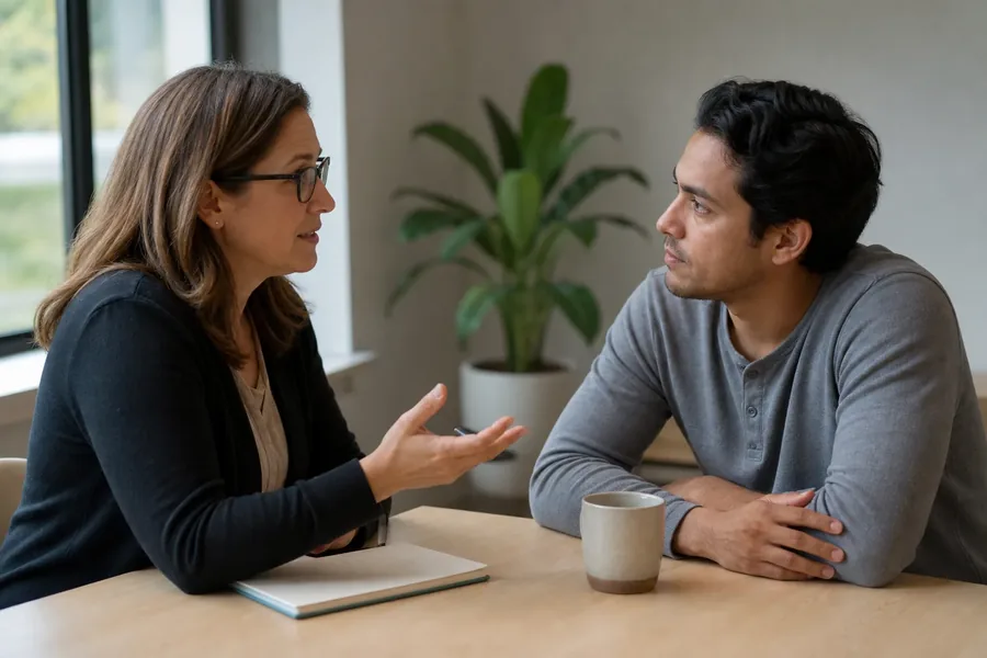 A woman with glasses gestures while speaking with a man seated across a table in a calm office setting, with a notebook, mug, and potted plant nearby.