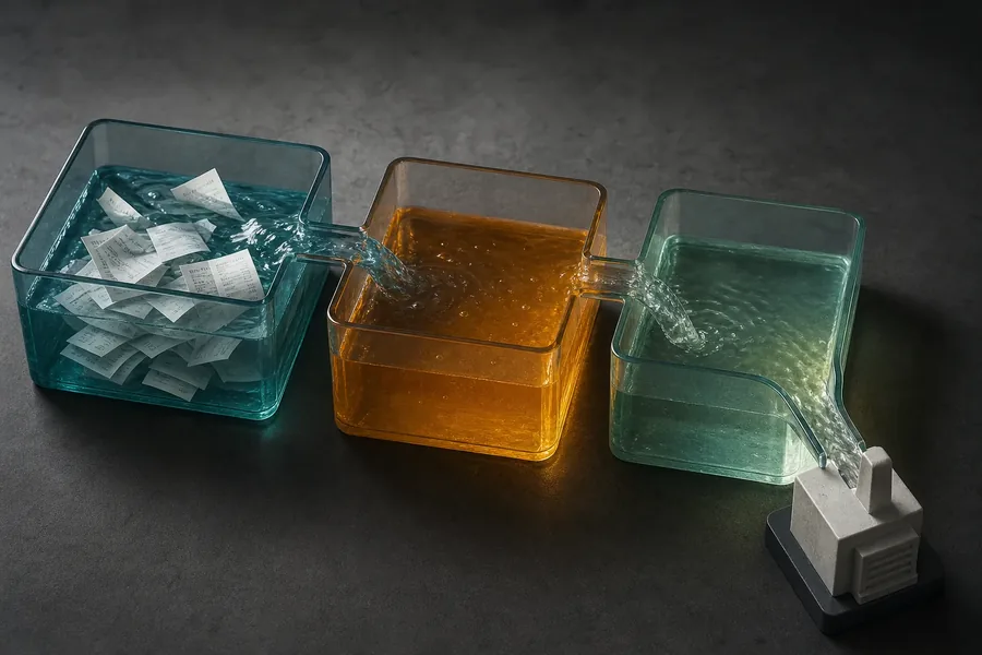Cash flow from receipts to business operations Three transparent tanks connected by channels contain teal, amber, and pale green liquid. Paper receipts float in the left tank, and liquid flows through the tanks toward a small factory-shaped model.