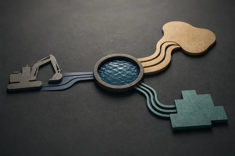 Shared resources and competing planning choices Three-dimensional illustration of an excavator silhouette and two abstract shapes connected by parallel channels to a central circular pool of water on a dark surface.