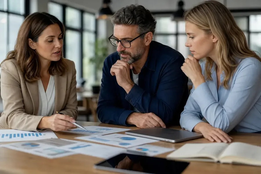 Reviewing financial charts together Three people review printed bar and pie charts at a wooden table with a closed laptop, a tablet and an open notebook.