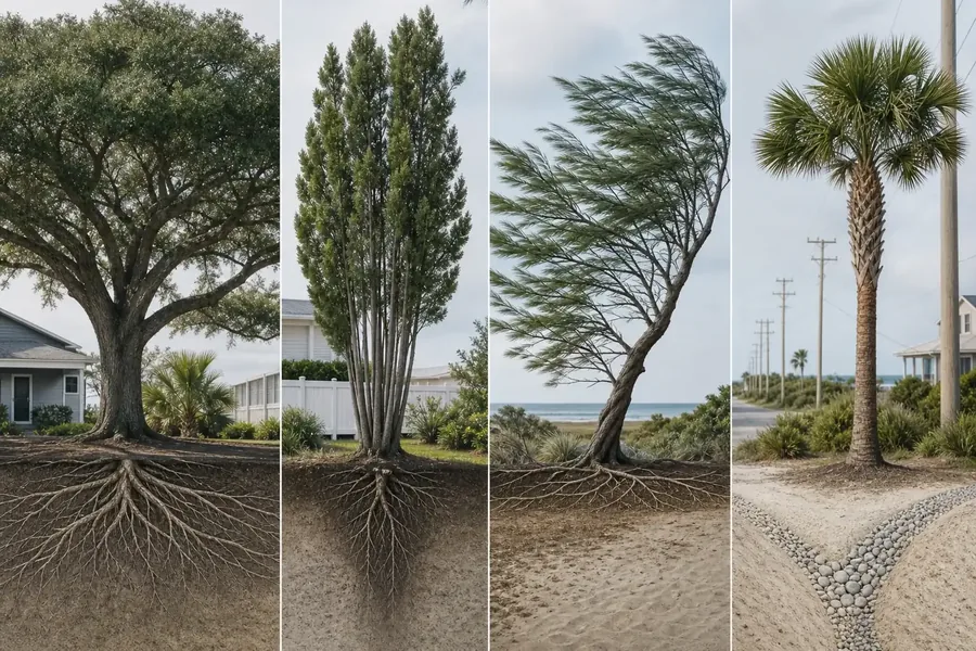 Four-panel concept image showing a broad-canopy tree, a narrow upright tree, a wind-bent coastal tree, and a palm beside a stone-lined drainage channel, with exposed root and soil cutaways.