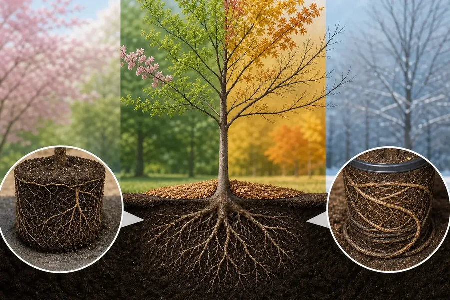 Conceptual cutaway illustration of a young tree planted with exposed roots and a mulch ring, set against four seasonal backgrounds, with inset comparisons of straight and tightly circling root balls.