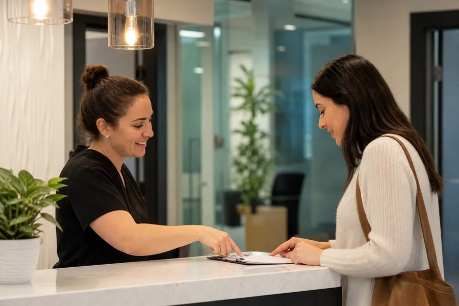 Receptionist Helping a Patient With Check-In Paperwork A receptionist in black scrubs points to paperwork on a clipboard as a woman with a brown shoulder bag stands at the counter.