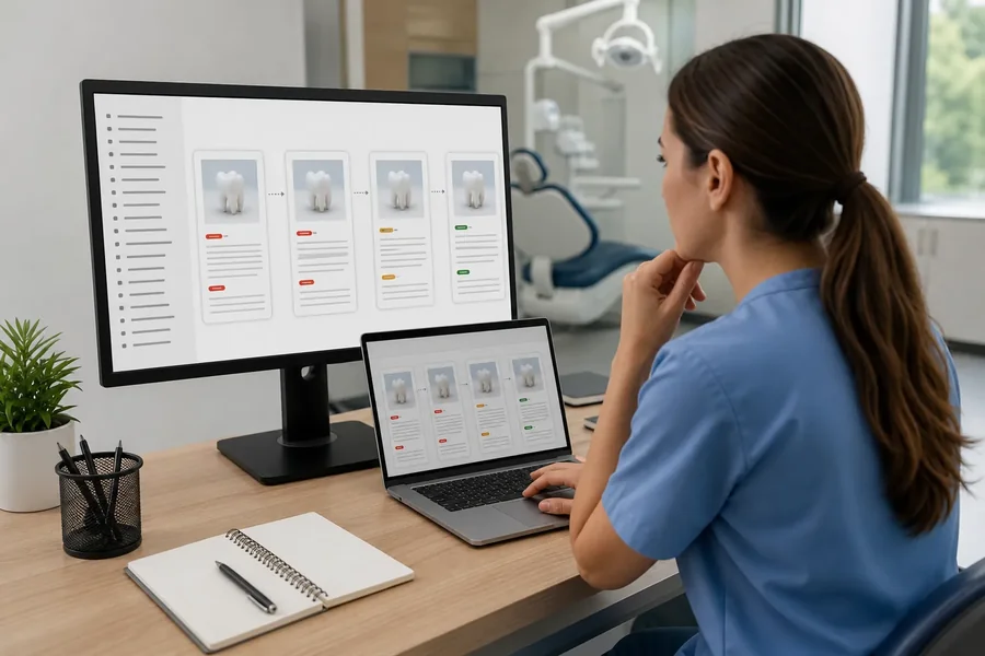 Reviewing Repeated Dental Webpage Layouts Woman in blue scrubs reviews repeated dental webpage layouts on a monitor and laptop beside a dental treatment chair.