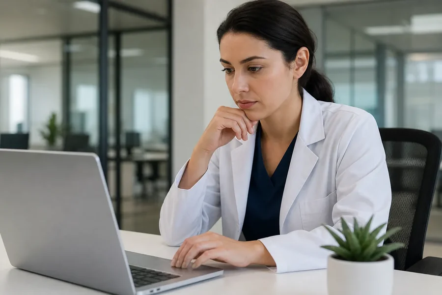 Medical Professional Reviewing a Laptop Woman in a white medical coat studies a laptop at a desk, resting one hand beneath her chin beside a potted succulent.