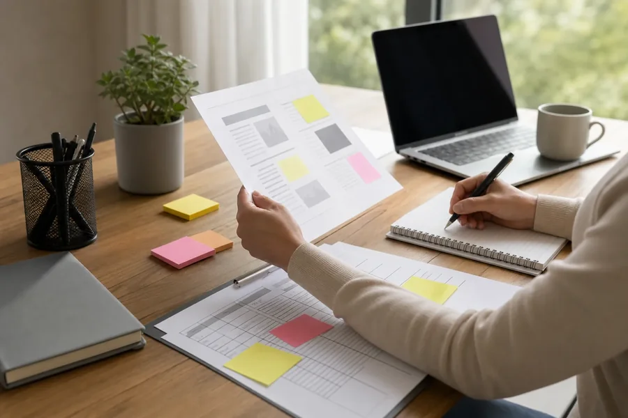 Reviewing Printed Layouts and an Audit Spreadsheet A person holds a printed page and writes in a spiral notebook at a wooden desk with a laptop, papers, and colorful sticky notes.