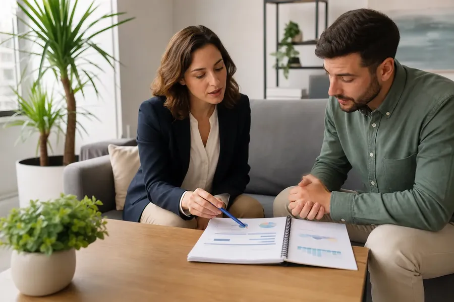 Two People Reviewing Charts in a Spiral-Bound Report A woman points a blue pen at charts in an open spiral-bound report while a man reviews it beside her on a gray sofa.