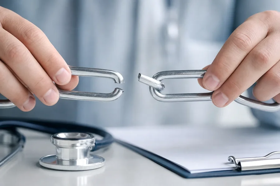 Broken Chain Links With Healthcare Equipment Hands hold separated metal chain links above a desk with a stethoscope and clipboard, illustrating broken links in healthcare.