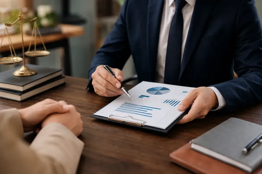 Professional Reviewing Charts with a Client at a Desk A suited professional points to charts on a clipboard across from a client, with brass scales and stacked books on the desk.