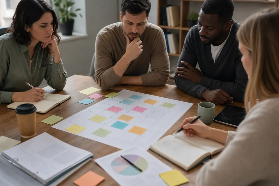 Four adults sit around a wooden table reviewing a paper planning grid with colorful sticky notes, notebooks, cups, a tablet, and printed charts.