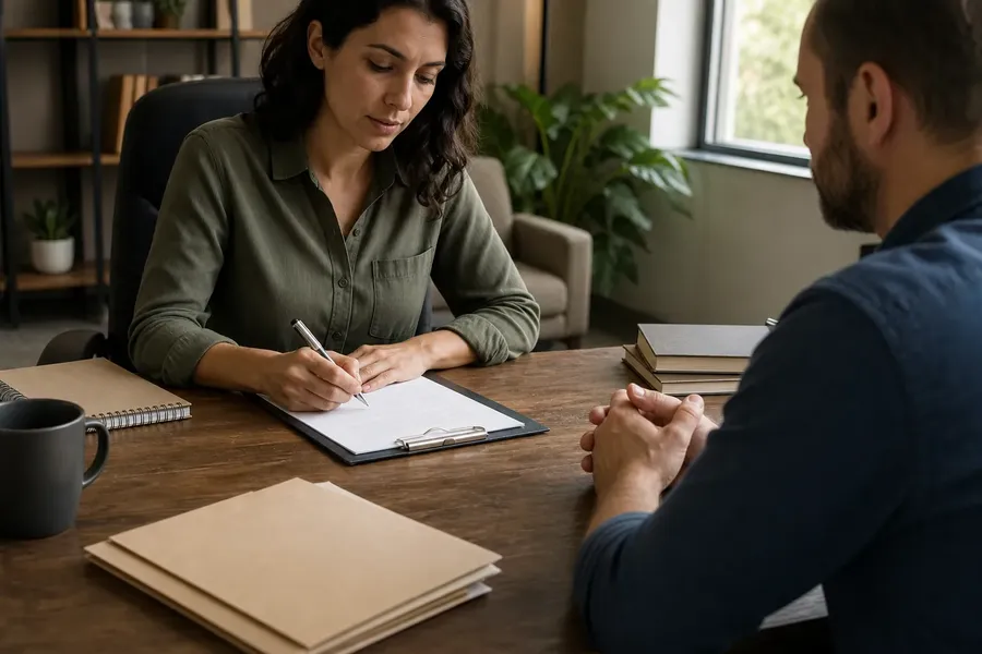 A woman writes on a clipboard across a wooden desk from a man with clasped hands, beside folders, books and a mug.