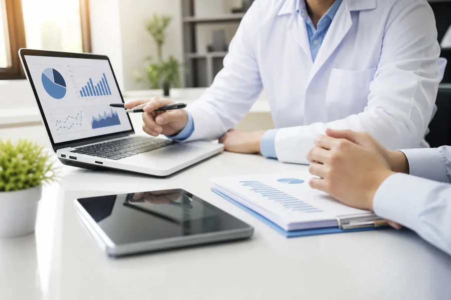 Doctor Reviewing Analytics During a Meeting A doctor points a pen toward charts on a laptop while meeting with another person at a desk with a tablet and printed graphs.