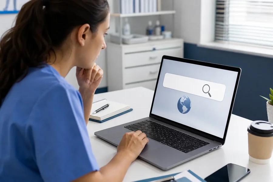 Healthcare Worker Viewing a Laptop Search Screen A woman in blue scrubs uses a laptop displaying a blank search bar and globe at a desk in a clinical office.