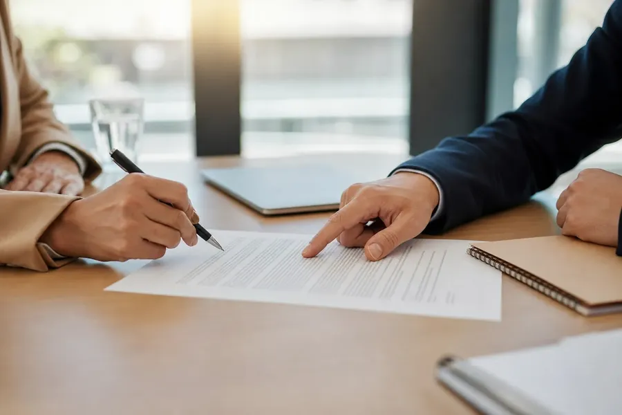 Two People Reviewing a Contract at a Table Two people review a printed document at a wooden table, one holding a pen while the other points to a line on the page.