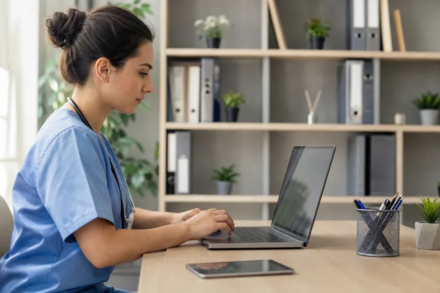 Healthcare Worker Using a Laptop at a Desk A healthcare worker in blue scrubs and a stethoscope uses a laptop at a wooden desk with a tablet and pen holder.