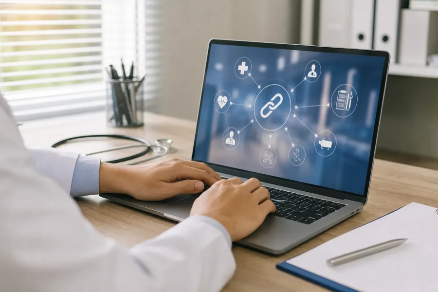 Healthcare Link Network on a Laptop Screen Person in a white coat using a laptop displaying linked healthcare icons, with a stethoscope and clipboard on the desk.