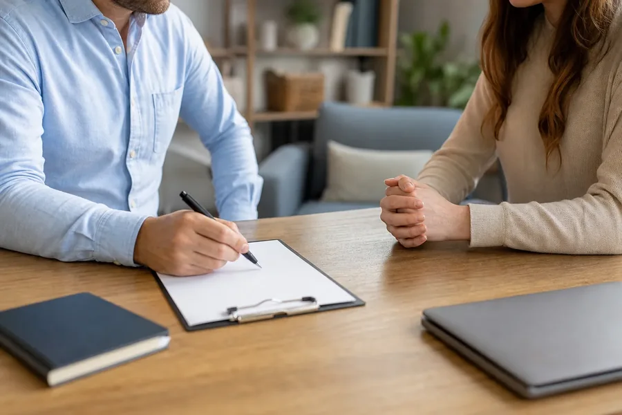 Two People Meeting Over a Clipboard at a Table A man holds a pen over a blank clipboard while a woman clasps her hands across a wooden table with a notebook and closed laptop.